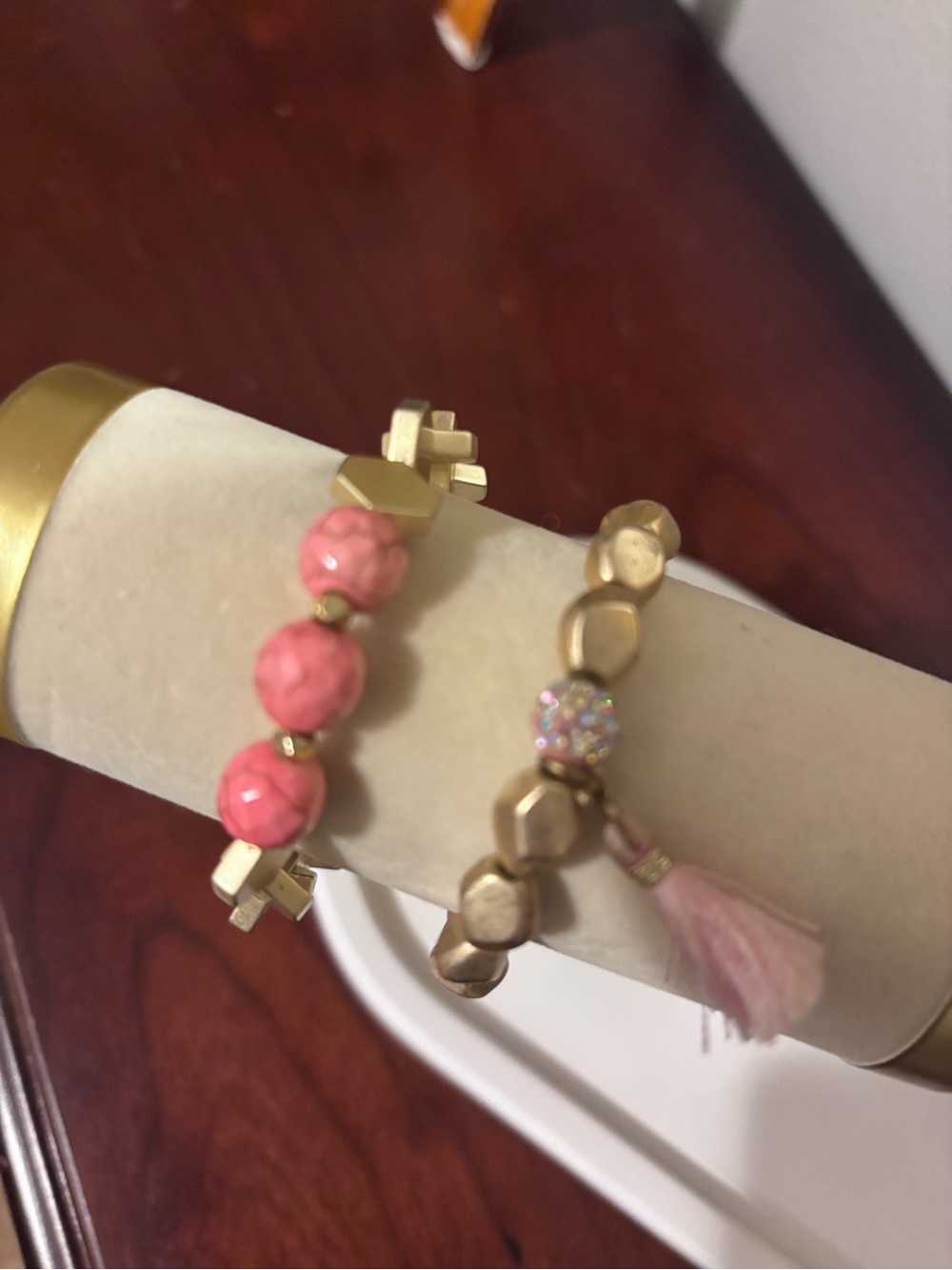 Set of Erimish Pink Bead and Gold-Tone Stretch Bracelet